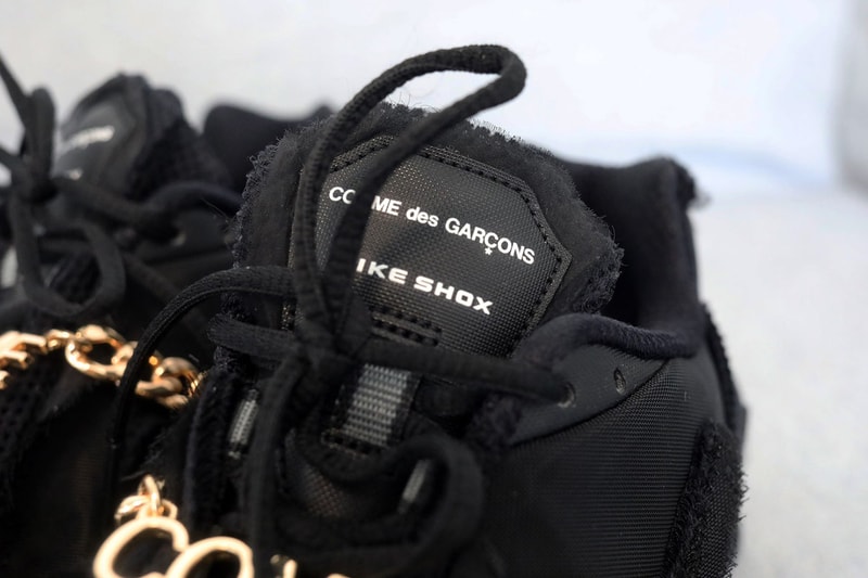 COMME des GARÇONS x Nike Shox TL Closer Look Black Gold Swoosh Japanese White Silver Hardware Chain Footwear Sneaker Release Information
