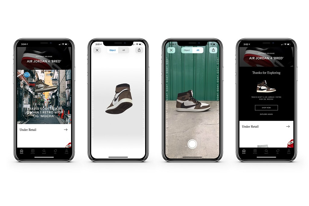 GOAT App Augmented Reality AR Update Nike Jordan Travis Scott Cactus Jack AJ1 Mocha 3D Image Life Like Interactive HD Objects 