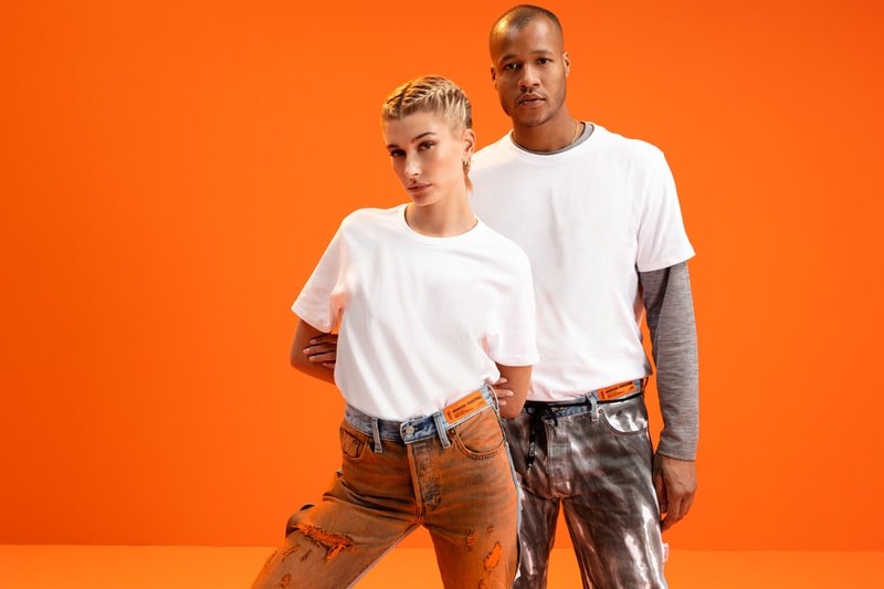 levis heron preston 501 day spring summer 2019 campaign collection release denim jeans hailey baldwin bieber orange tie dye grey black blue