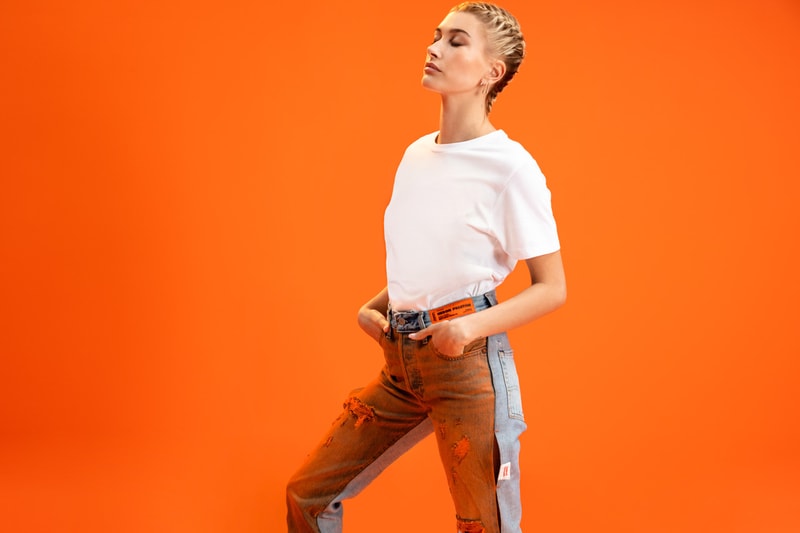 levis heron preston 501 day spring summer 2019 campaign collection release denim jeans hailey baldwin bieber orange tie dye grey black blue