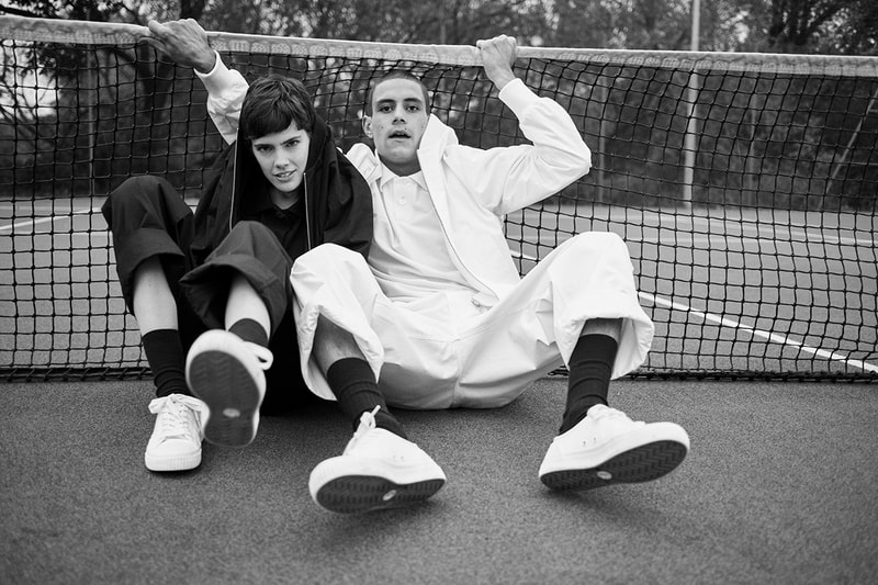 Fred Perry for Margaret Howell Spring Summer 2019 SS19 Capsule Collection Monochrome Archival Tennis Pieces Aesthetic Lookbook M3 Polo Shirt Bomber Jacket Tennis Skirt Laurel Wreath Straight Leg Casual Trouser Cotton Canvas Plimsoles
