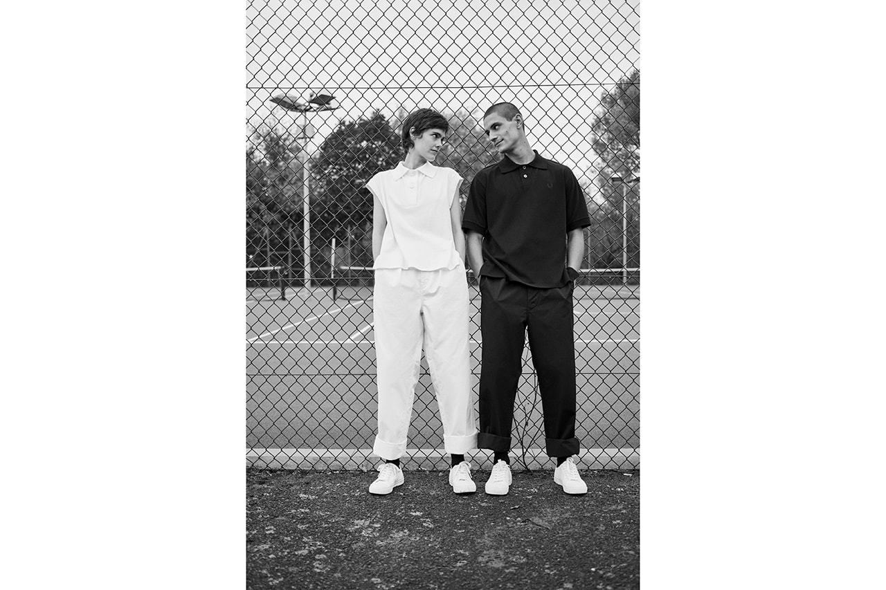 Fred Perry for Margaret Howell Spring Summer 2019 SS19 Capsule Collection Monochrome Archival Tennis Pieces Aesthetic Lookbook M3 Polo Shirt Bomber Jacket Tennis Skirt Laurel Wreath Straight Leg Casual Trouser Cotton Canvas Plimsoles