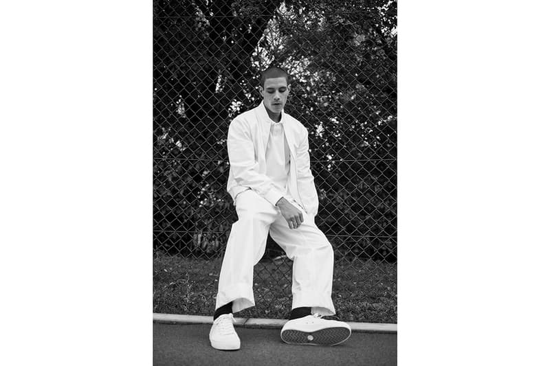 Fred Perry for Margaret Howell Spring Summer 2019 SS19 Capsule Collection Monochrome Archival Tennis Pieces Aesthetic Lookbook M3 Polo Shirt Bomber Jacket Tennis Skirt Laurel Wreath Straight Leg Casual Trouser Cotton Canvas Plimsoles