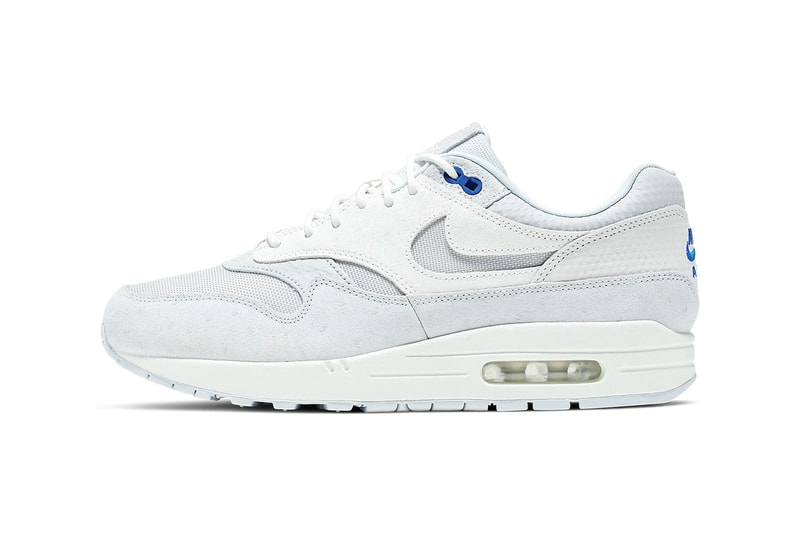 nike air max 1 premium cut out swoosh design white silver racer blue colorway release date 875844-011