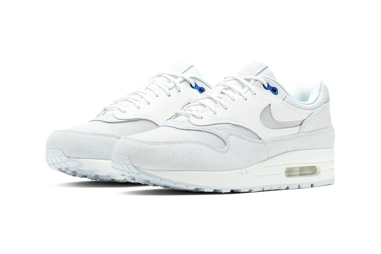 nike air max 1 premium cut out swoosh design white silver racer blue colorway release date 875844-011