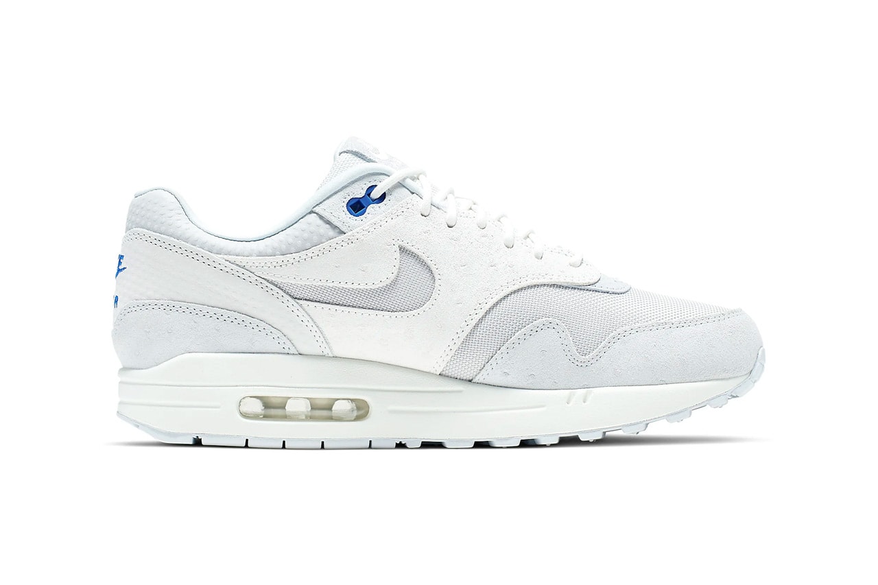 nike air max 1 premium cut out swoosh design white silver racer blue colorway release date 875844-011