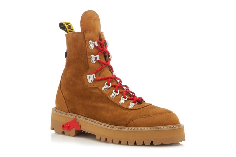 Off White Brown Suede Hiking Boots Release Virgil Abloh red yellow industrial strap