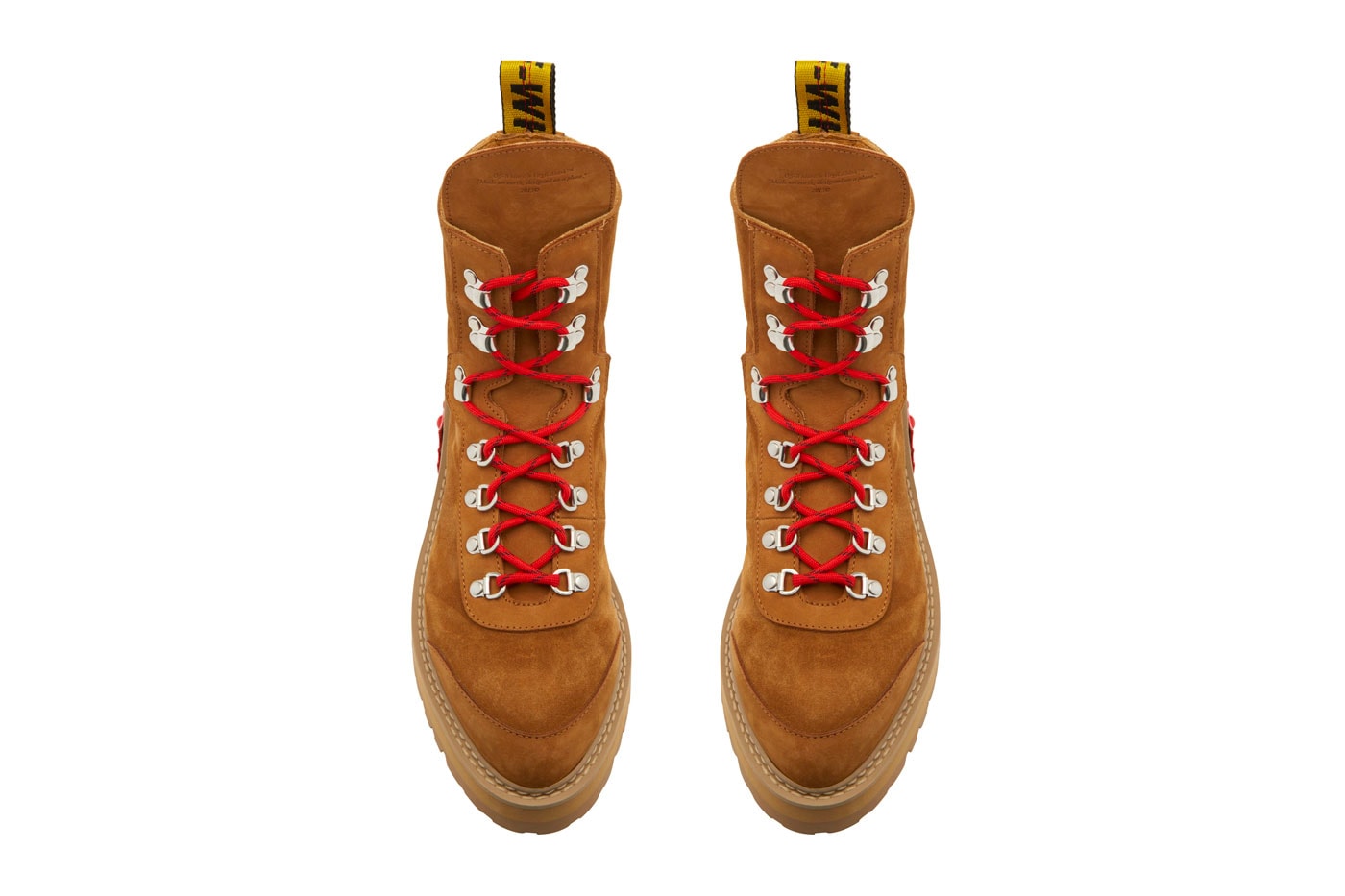 Off White Brown Suede Hiking Boots Release Virgil Abloh red yellow industrial strap