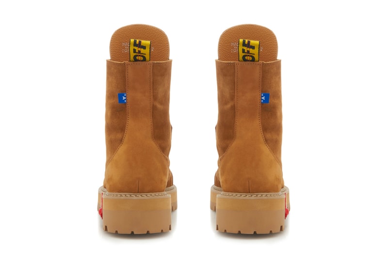 Off White Brown Suede Hiking Boots Release Virgil Abloh red yellow industrial strap