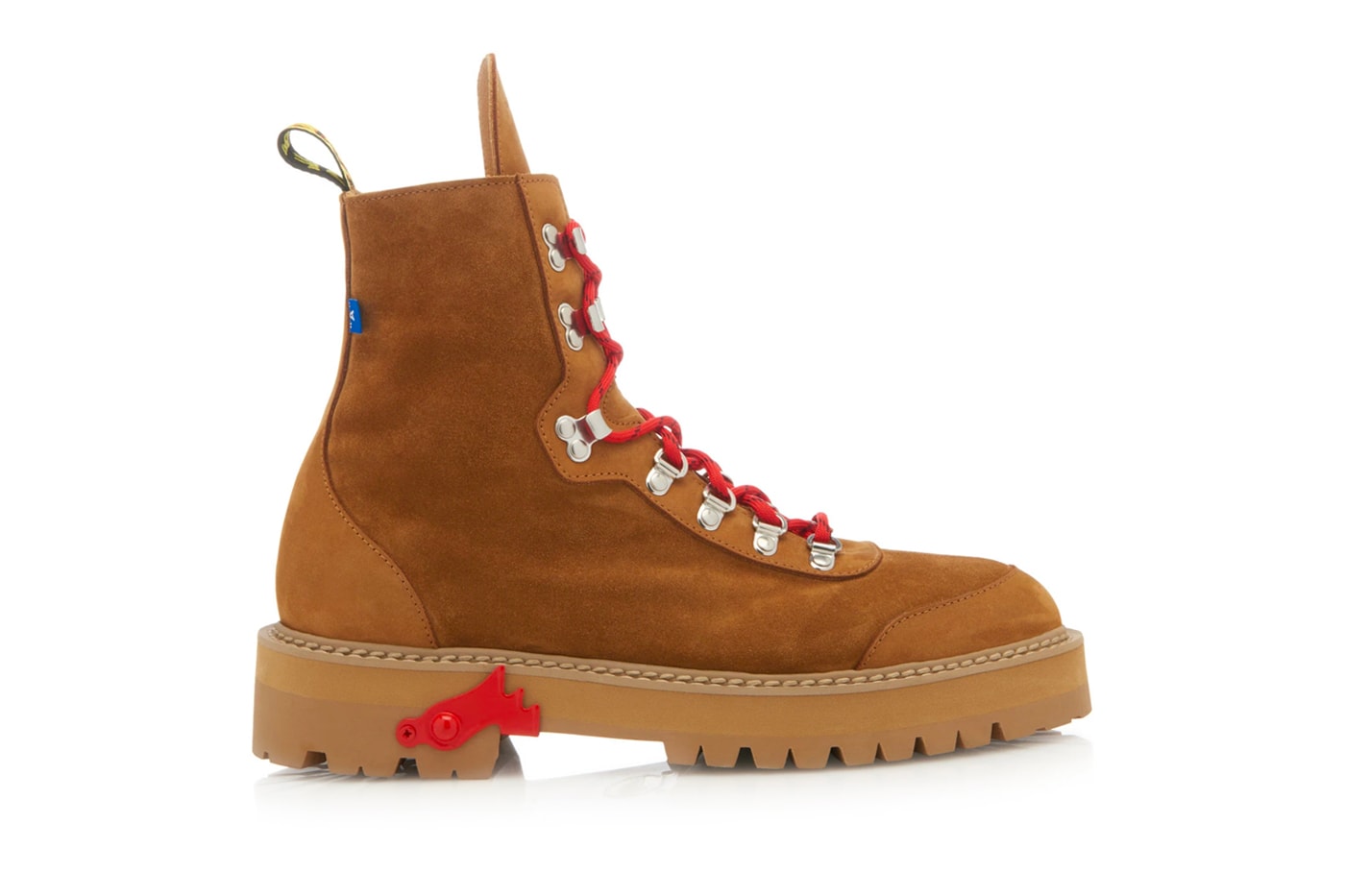 Off White Brown Suede Hiking Boots Release Virgil Abloh red yellow industrial strap