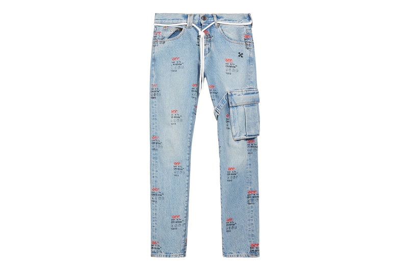 Off-White Logo Print Tie Waist Jeans Release virgil abloh jeans denim logos faded retro vintage louis vuitton 