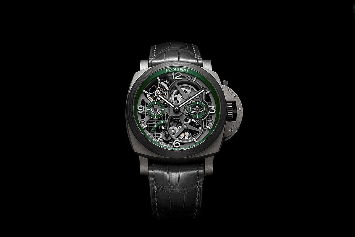 Panerai Unveils Luxurious Lo Scienziato Luminor Tourbillon GMT PAM00768 Timepiece watch wrist accessories italian watchmaker manufacturer limited availability titanium construction green grey gun mental 