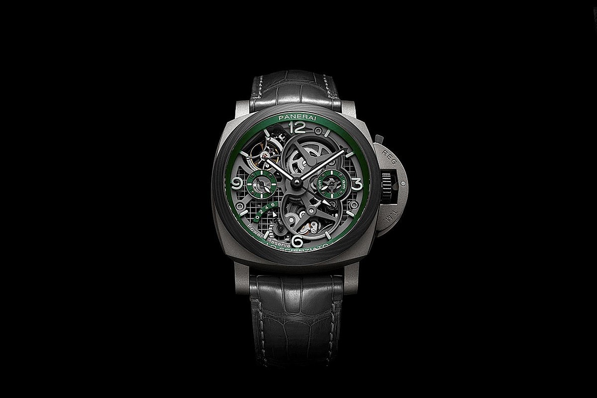 Panerai Unveils Luxurious Lo Scienziato Luminor Tourbillon GMT PAM00768 Timepiece watch wrist accessories italian watchmaker manufacturer limited availability titanium construction green grey gun mental