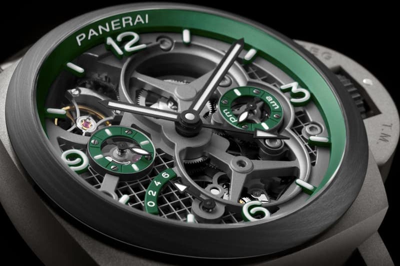 Panerai Unveils Luxurious Lo Scienziato Luminor Tourbillon GMT PAM00768 Timepiece watch wrist accessories italian watchmaker manufacturer limited availability titanium construction green grey gun mental 