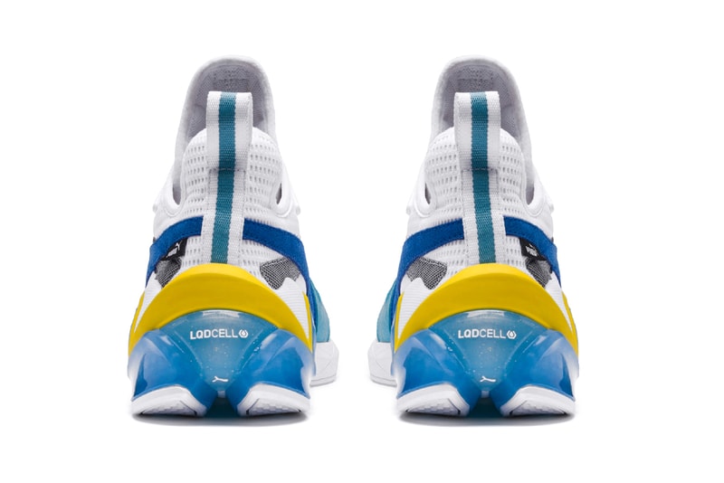 PUMA LQD Cell Origin Blue White Orange translucent heel piece hexagon technology