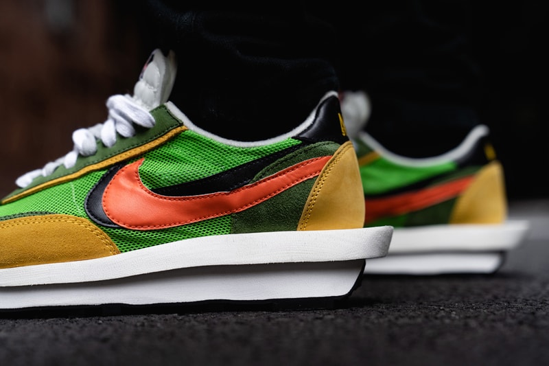 sacai x Nike LDWaffle Daybreak Collab On-Feet sneaker shoe release date info buy colorways look closer detail black white grey pink green blue multi BV0073-300 BV0073-400