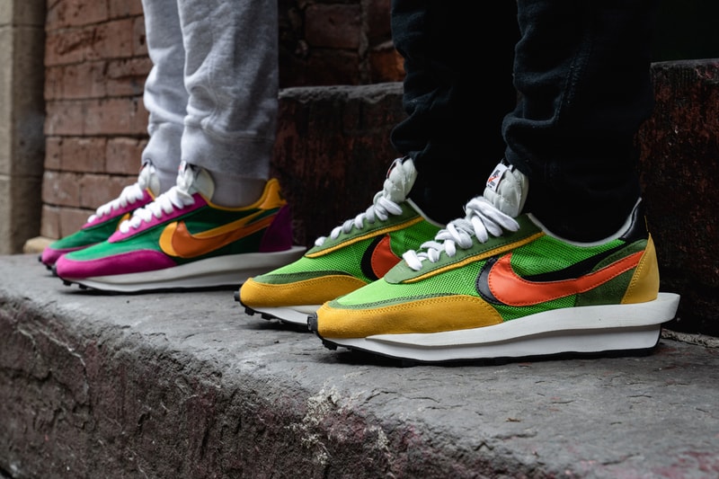 sacai x Nike LDWaffle Daybreak Collab On-Feet sneaker shoe release date info buy colorways look closer detail black white grey pink green blue multi BV0073-300 BV0073-400