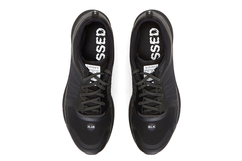 Satisfy x Salomon Sonic RA Max Sneakers Black Silver Running Technical Collaboration French Activewear Brand OrthoLite® memory foam lining logo prints lightweight rubber Vibe® midsole sol