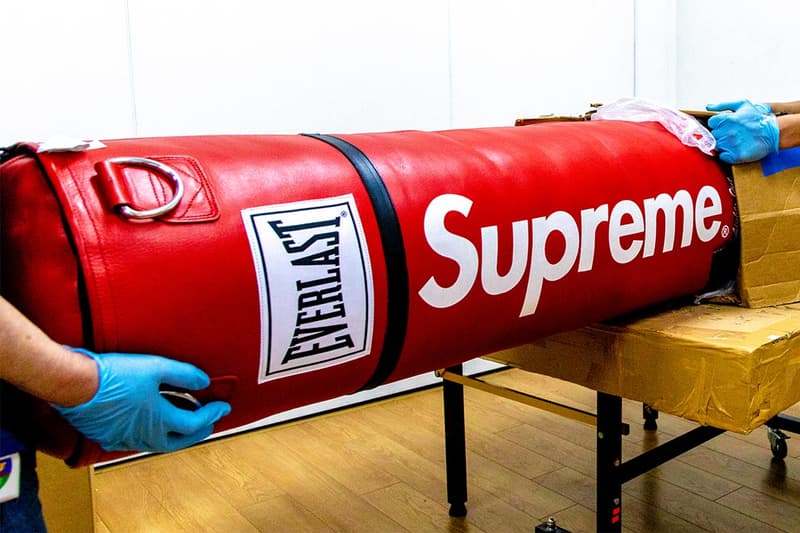 Sotheby's Supreme Accessories Auction News box logo skate new york louis vuitton punching bag edc scarface bogo stickers brick red anti hero B&O