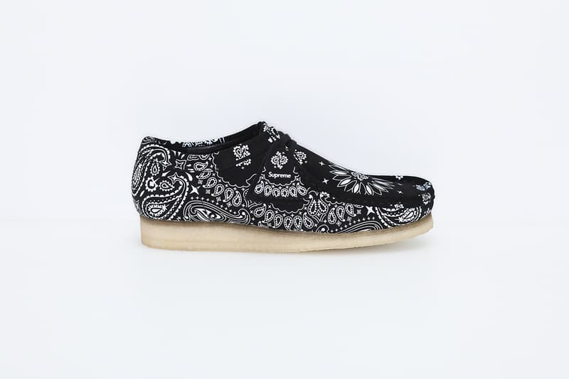 Supreme x Clarks Originals Summer Wallabee Collection paisley print bandana print pattern red blue Clarks England Originals footwear crepe sole British