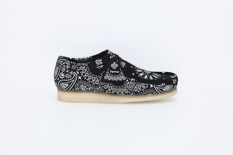 Supreme x Clarks Originals Summer Wallabee Collection paisley print bandana print pattern red blue Clarks England Originals footwear crepe sole British