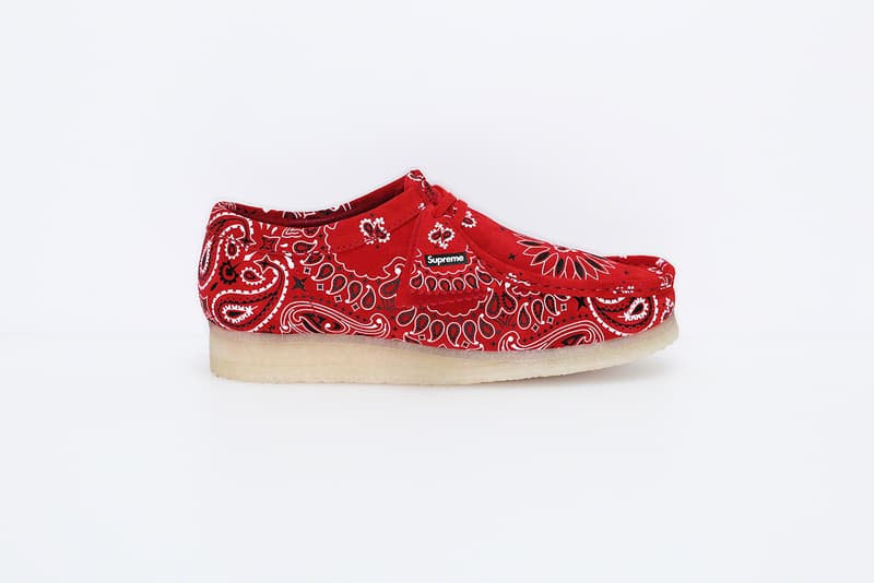 Supreme x Clarks Originals Summer Wallabee Collection paisley print bandana print pattern red blue Clarks England Originals footwear crepe sole British