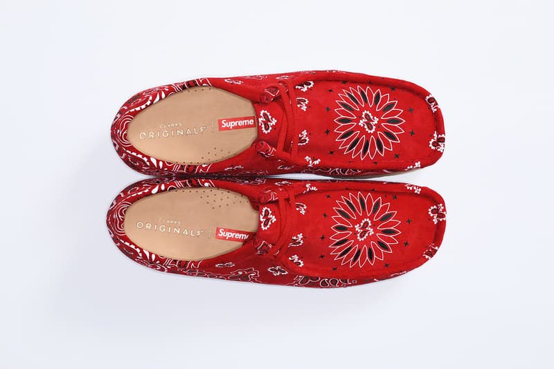 Supreme x Clarks Originals Summer Wallabee Collection paisley print bandana print pattern red blue Clarks England Originals footwear crepe sole British