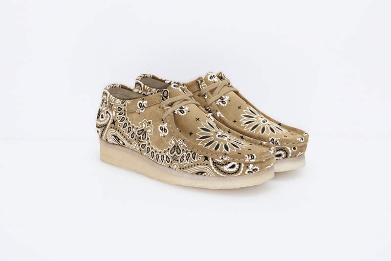 Supreme x Clarks Originals Summer Wallabee Collection paisley print bandana print pattern red blue Clarks England Originals footwear crepe sole British