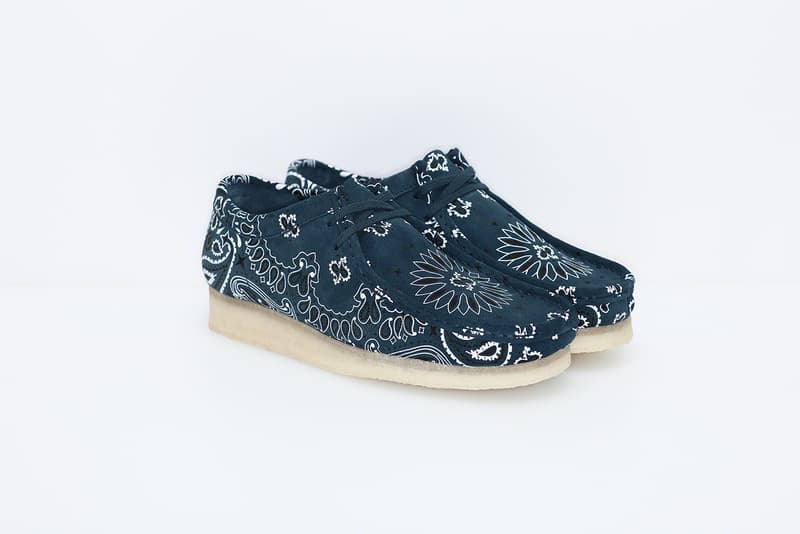 Supreme x Clarks Originals Summer Wallabee Collection paisley print bandana print pattern red blue Clarks England Originals footwear crepe sole British