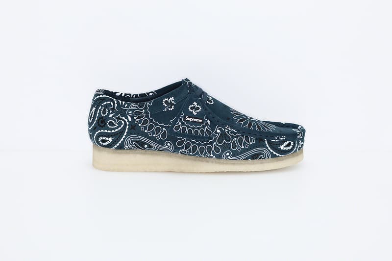 Supreme x Clarks Originals Summer Wallabee Collection paisley print bandana print pattern red blue Clarks England Originals footwear crepe sole British