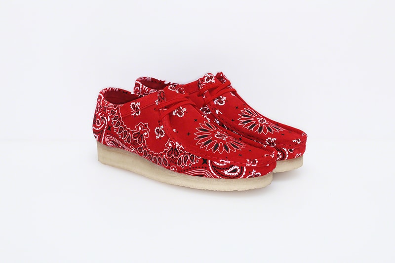 Supreme x Clarks Originals Summer Wallabee Collection paisley print bandana print pattern red blue Clarks England Originals footwear crepe sole British