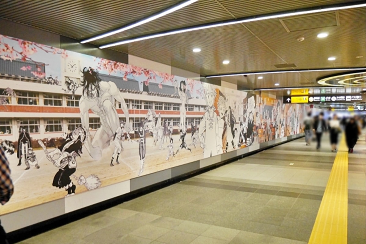 Tokyo Shibuya Station 100 Foot Anime Mural Info travel manga cartoon art drawing decor illustration japan japanese subway train underground tunnel weekly shonen jump