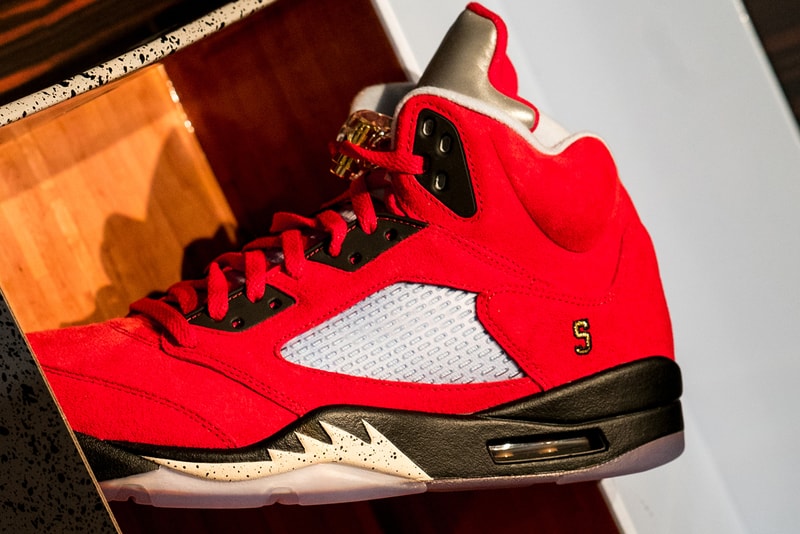 Trophy Room x Air Jordan 5 Retro "Ice Blue" Drop release info date buy red colorway friends family may 23 2019 exclusive marcus michael jordan celine orlando florida sail