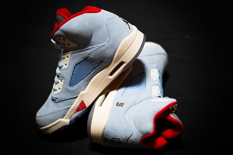Trophy Room x Air Jordan 5 Retro "Ice Blue" Drop release info date buy red colorway friends family may 23 2019 exclusive marcus michael jordan celine orlando florida sail