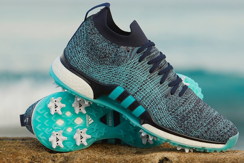 adidas golf tour360 tour 360 xt parley upcycled plastic ocean waste blue aqua green sneaker release us open pebble beach 