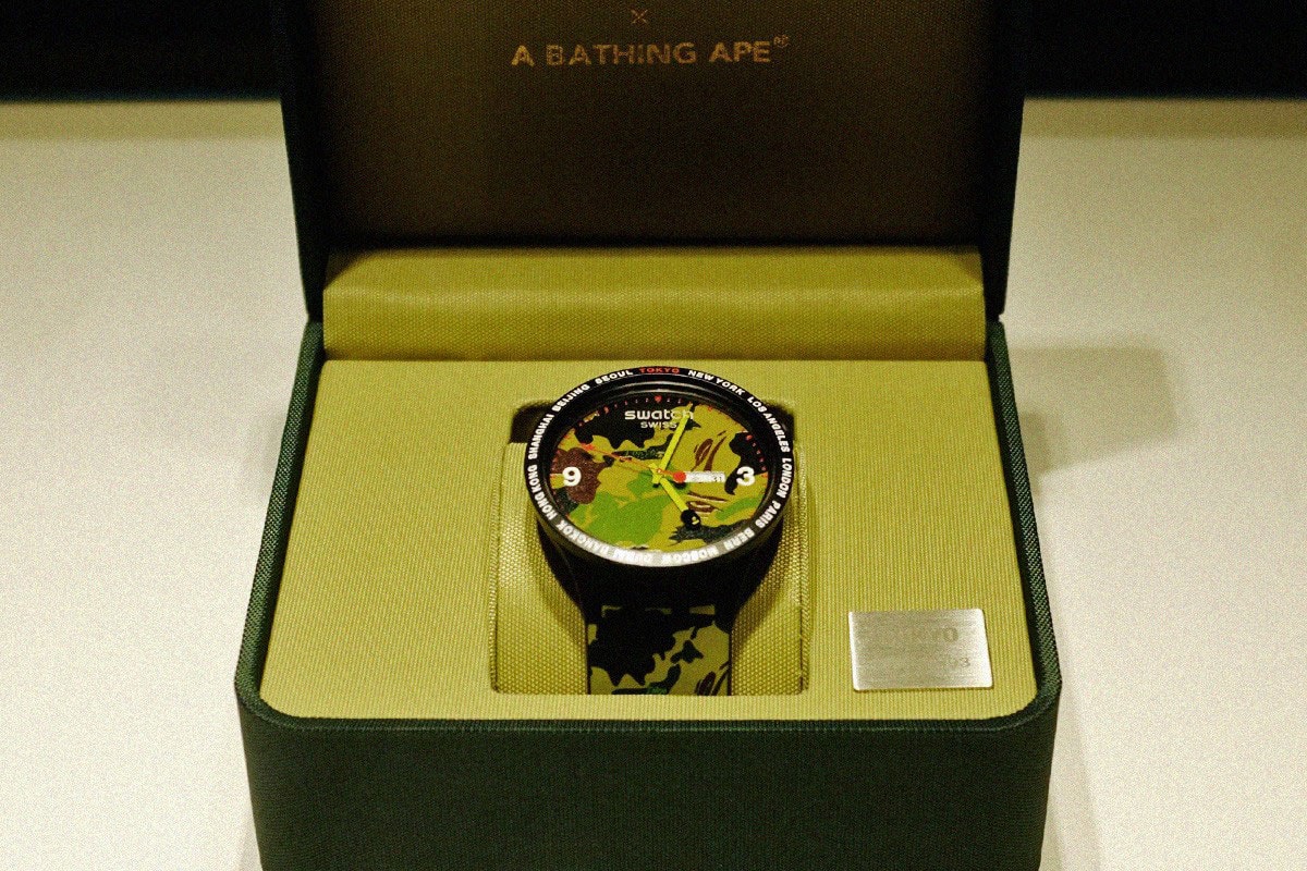 BAPE x Swatch Collaboration, Pre-Release Event Recap watches timepiece colorway city london new york berlin international first camo pattern 1993 june 15 2019 buy