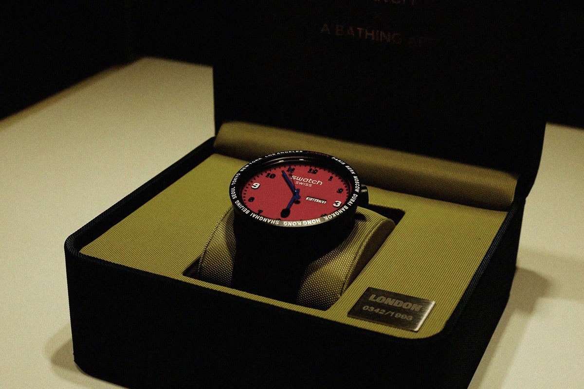 BAPE x Swatch Collaboration, Pre-Release Event Recap watches timepiece colorway city london new york berlin international first camo pattern 1993 june 15 2019 buy