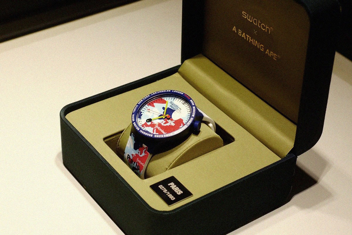 BAPE x Swatch Collaboration, Pre-Release Event Recap watches timepiece colorway city london new york berlin international first camo pattern 1993 june 15 2019 buy