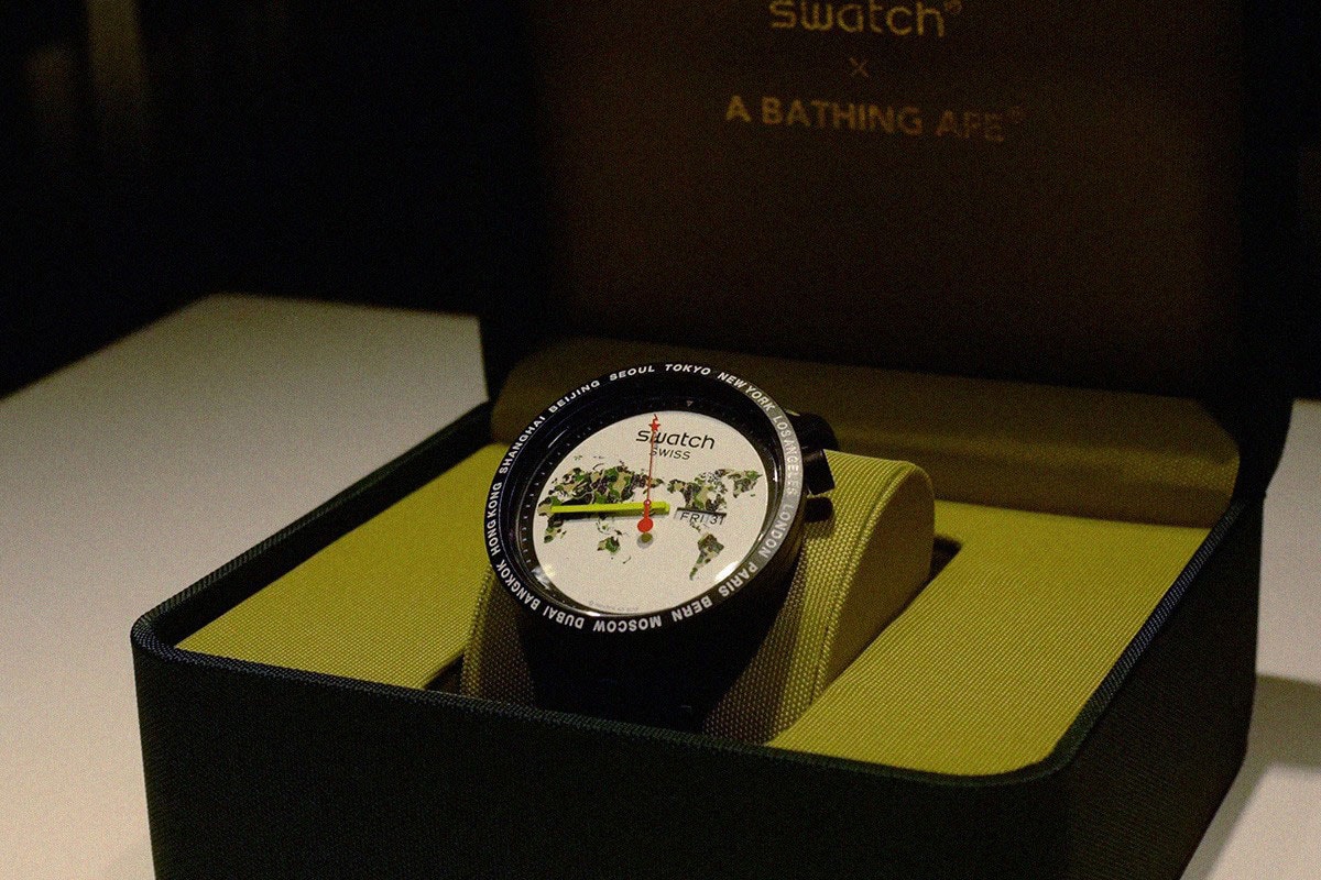 BAPE x Swatch Collaboration, Pre-Release Event Recap watches timepiece colorway city london new york berlin international first camo pattern 1993 june 15 2019 buy