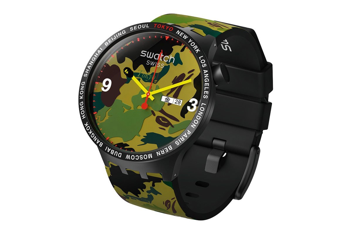 BAPE x Swatch Collaboration, Pre-Release Event Recap watches timepiece colorway city london new york berlin international first camo pattern 1993 june 15 2019 buy