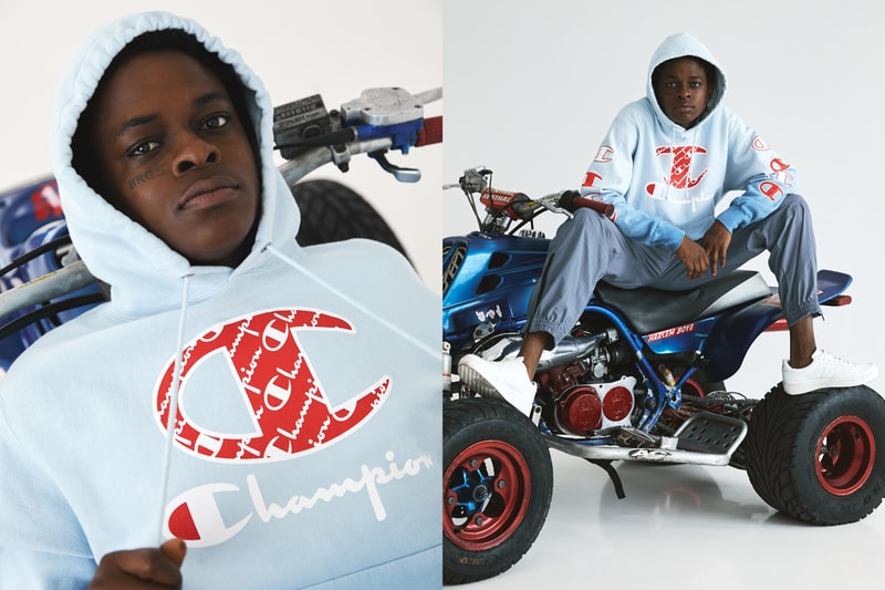 Champion x Amazon Prime Day 100 Year Anniversary capsule sweater atv four-wheeler ombre pink blue red wite tattoo 