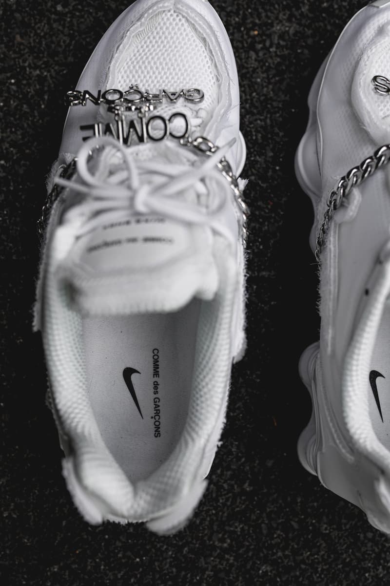 COMME des GARÇONS x Nike Shox TL "Triple White" Closer Look hypebeast france silver chain 