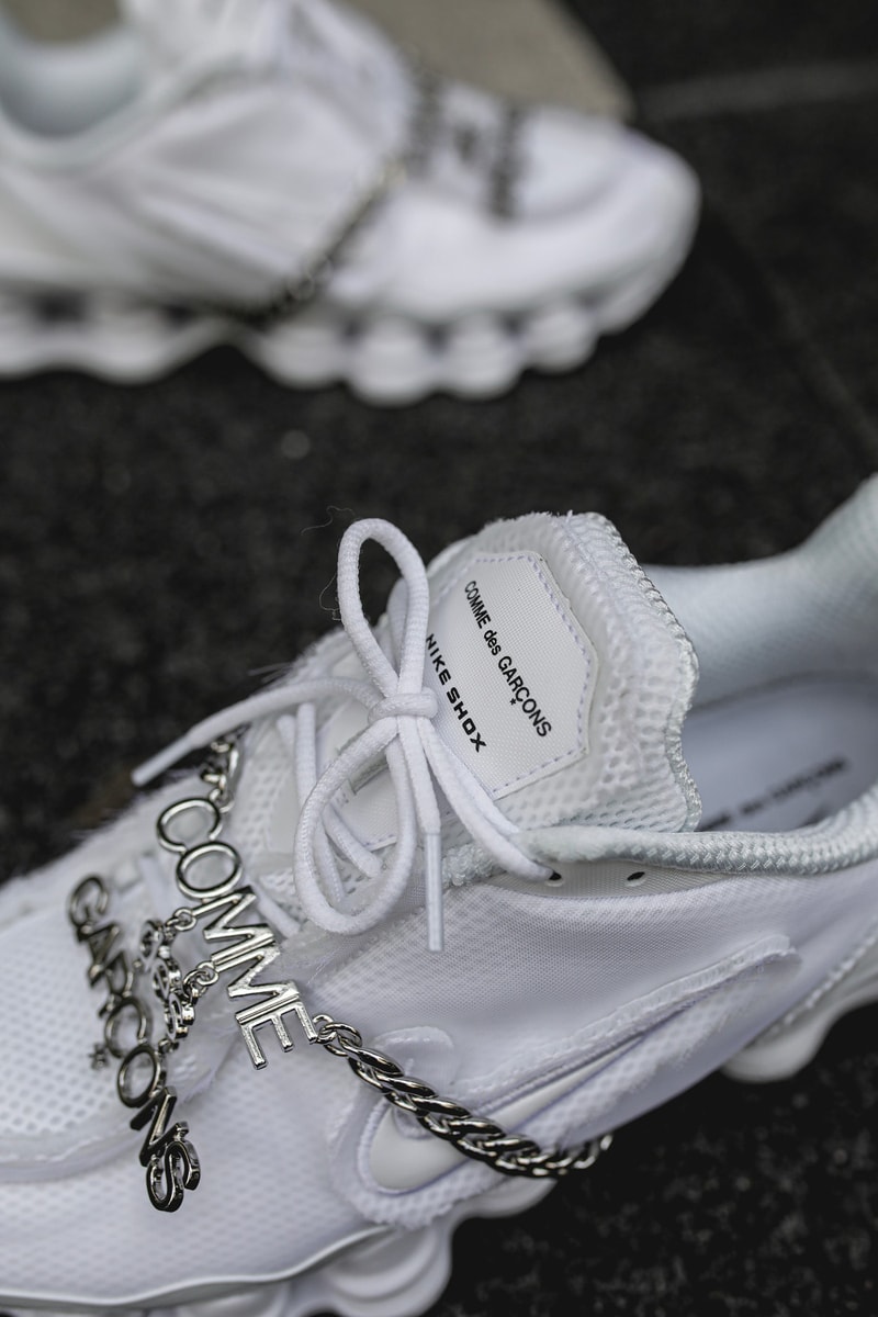 COMME des GARÇONS x Nike Shox TL "Triple White" Closer Look hypebeast france silver chain 
