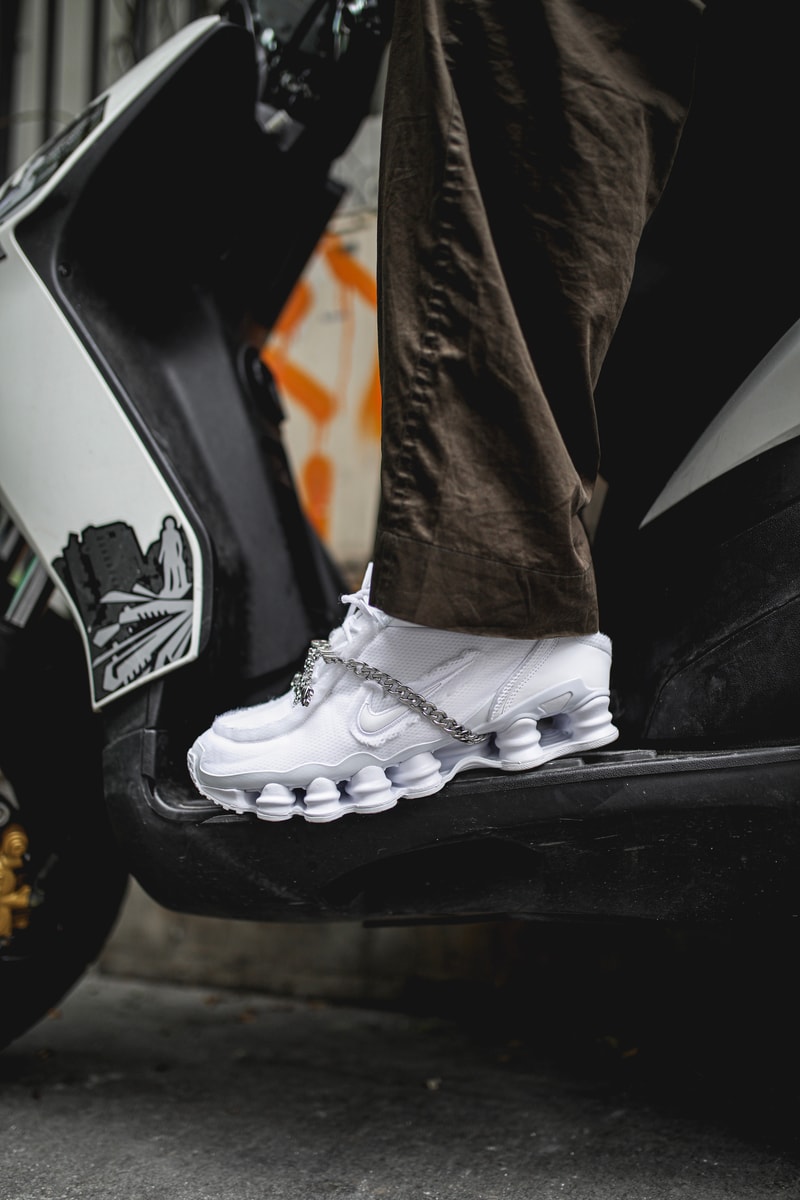 COMME des GARÇONS x Nike Shox TL "Triple White" Closer Look hypebeast france silver chain 