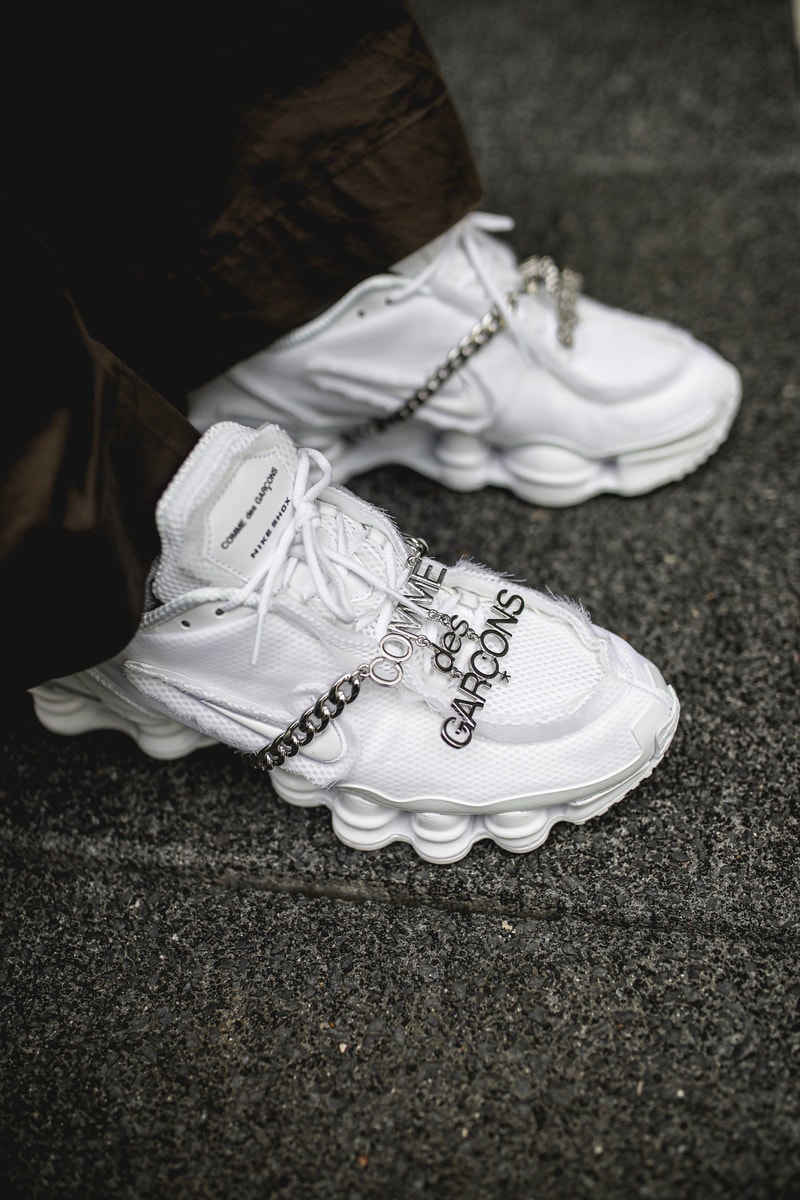 COMME des GARÇONS x Nike Shox TL "Triple White" Closer Look hypebeast france silver chain 