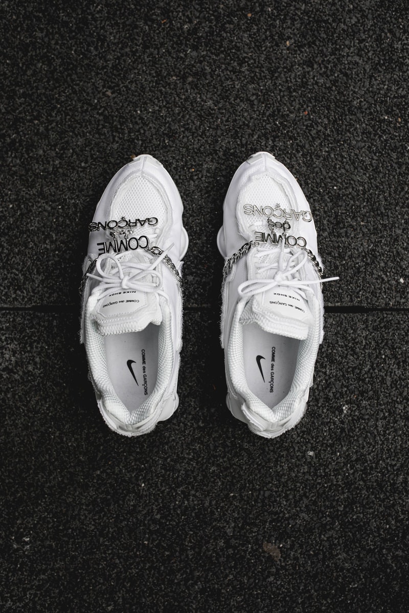 COMME des GARÇONS x Nike Shox TL "Triple White" Closer Look hypebeast france silver chain 