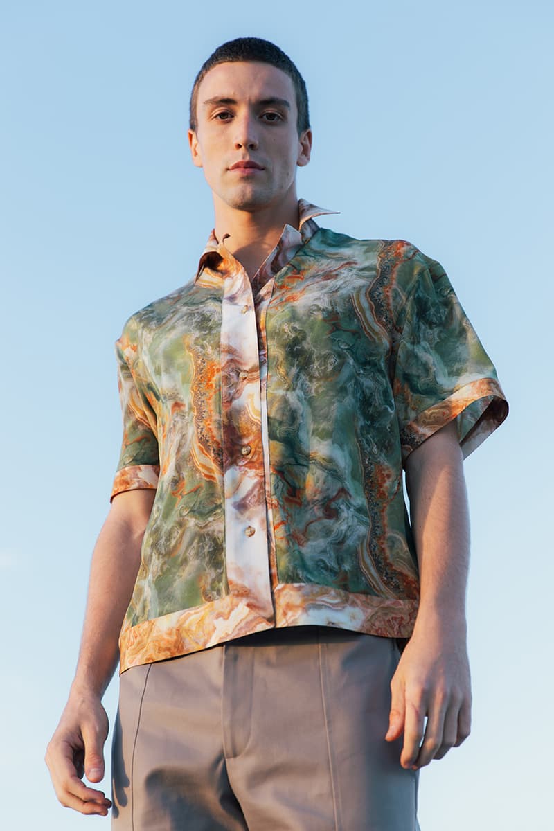 Deveaux Spring Summer 2020 SS20 Collection Lookbooks Informal Tailoring Relaxed Bowling Shirts Camp Collars Natural Marble Prints Big '80s Suits Blue Orange Burgundy Brown White Summer Looks