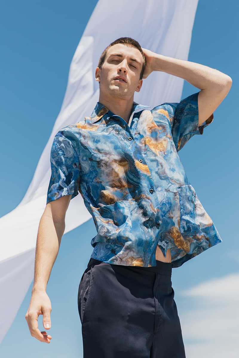 Deveaux Spring Summer 2020 SS20 Collection Lookbooks Informal Tailoring Relaxed Bowling Shirts Camp Collars Natural Marble Prints Big '80s Suits Blue Orange Burgundy Brown White Summer Looks