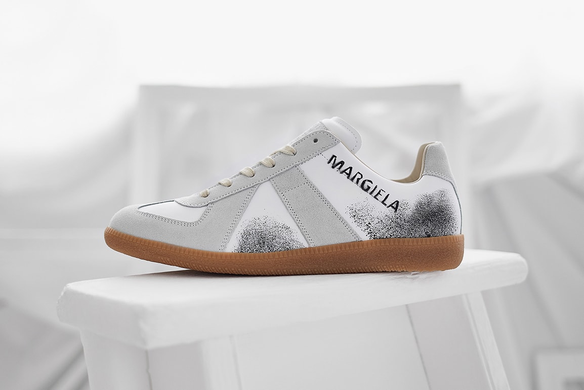 end clothing maison margiela 22 replica graffiti sneaker first look white grey black gum sole paint spray images buy launches register order