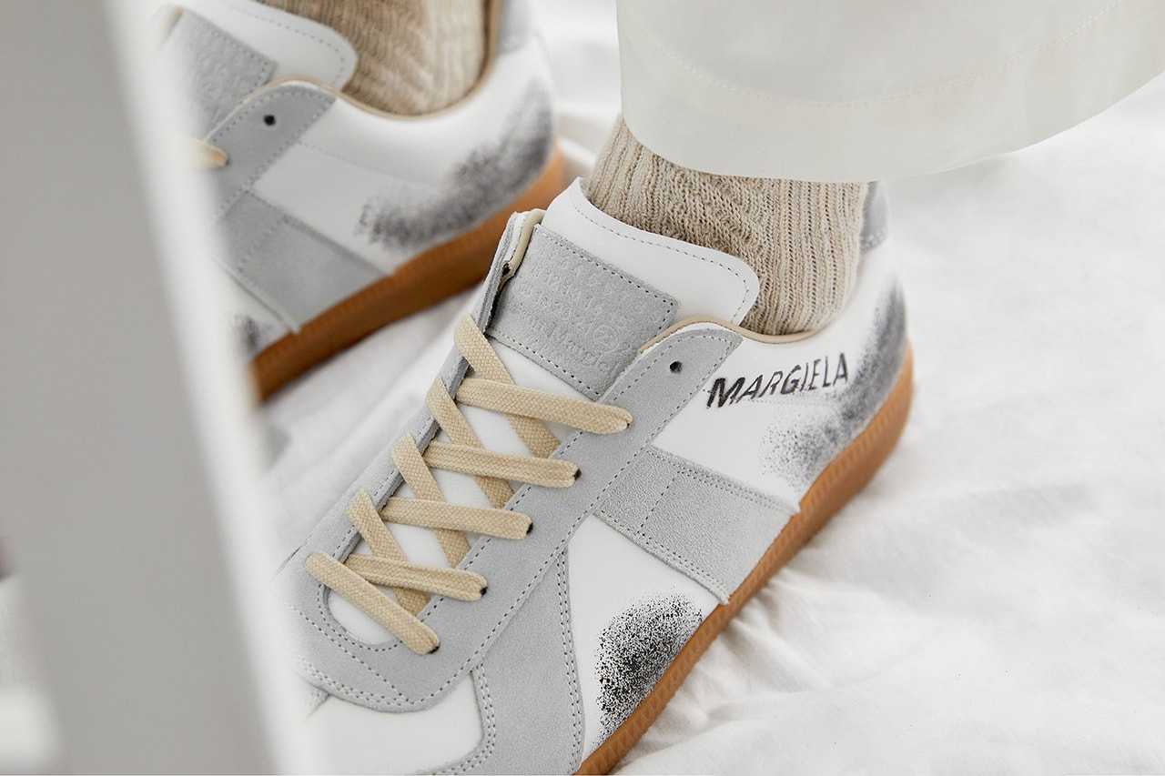 end clothing maison margiela 22 replica graffiti sneaker first look white grey black gum sole paint spray images buy launches register order